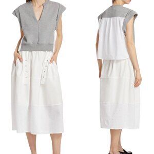 3.1 Phillip Lim Rolled Sleeve Mix Media Eyelet Tiered Cotton Midi Dress Size L